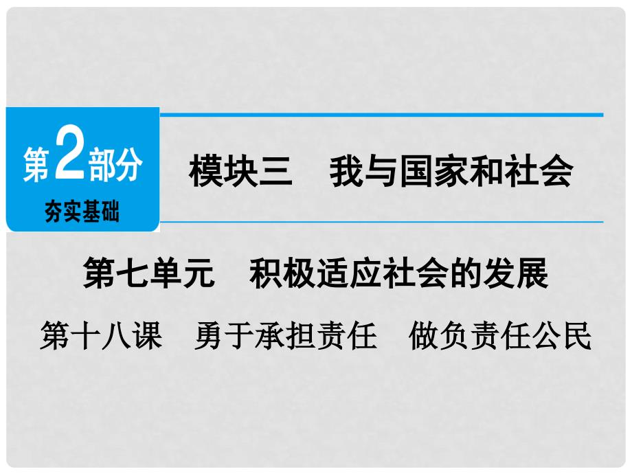 广东省中考政治 第2部分 夯实基础 模块三 我与国家和社会 第七单元 积极适应社会的发展 第18课 勇于承担责任 做负责任公民精讲课件_第1页