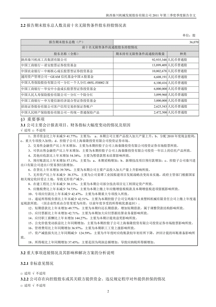 秦川发展第三季度报告全文_第2页