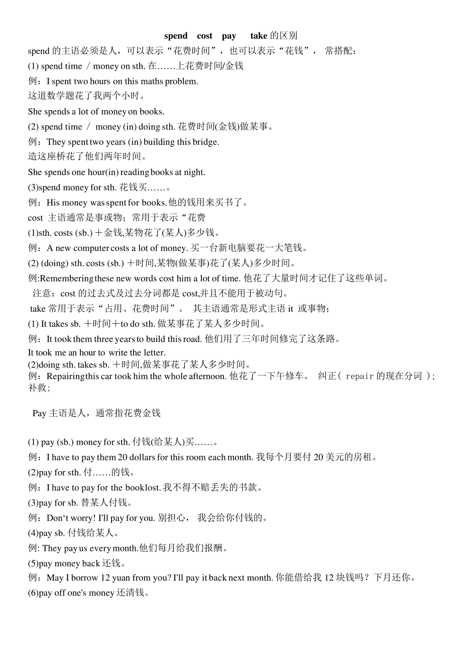 Spend--cost--pay---take区别及练习题_第1页