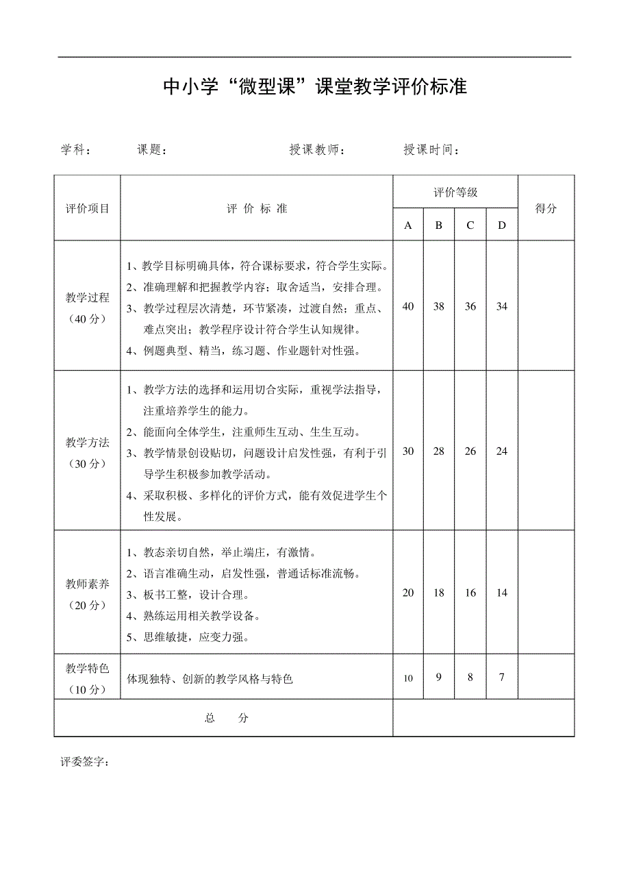 中小学“微型课”课堂教学评价标准_第1页