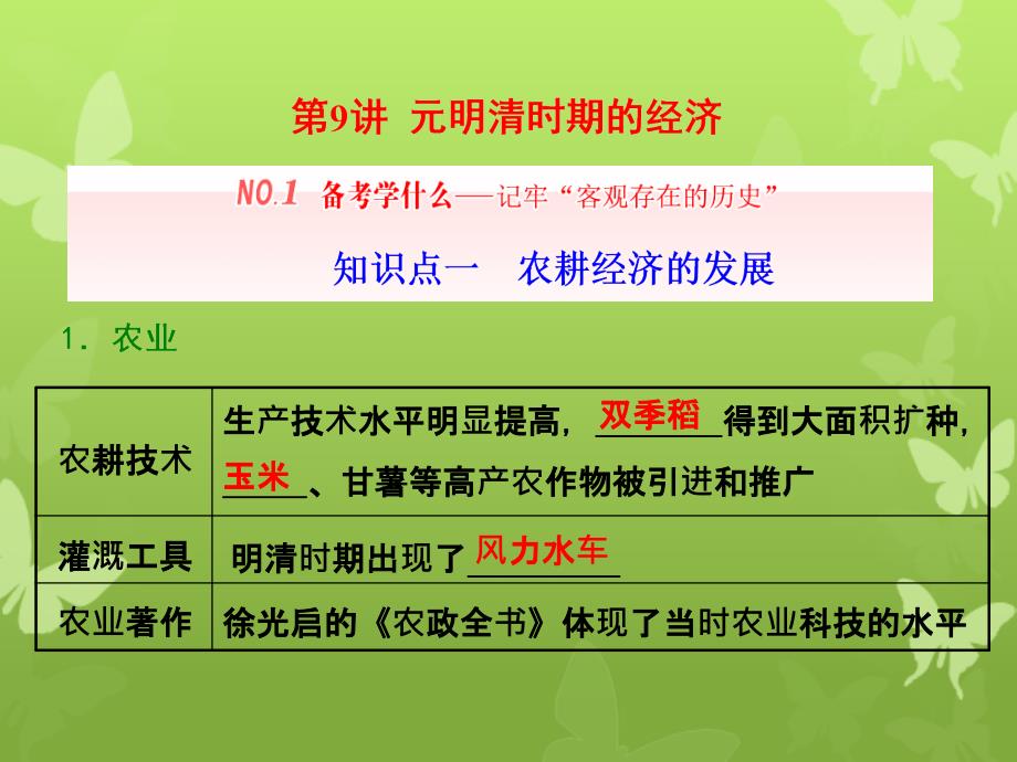 通史版高三历史一轮复习第一编中国古代史第一板块第四单元中华文明的转型元明清前时期第9讲元明清时期的经济课件新人教版新人教版高三全册历史课件_第1页