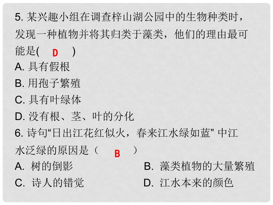 七年级生物上册 第三单元 第一章 第一节 藻类、苔藓和蕨类植物课堂十分钟课件 （新版）新人教版_第4页