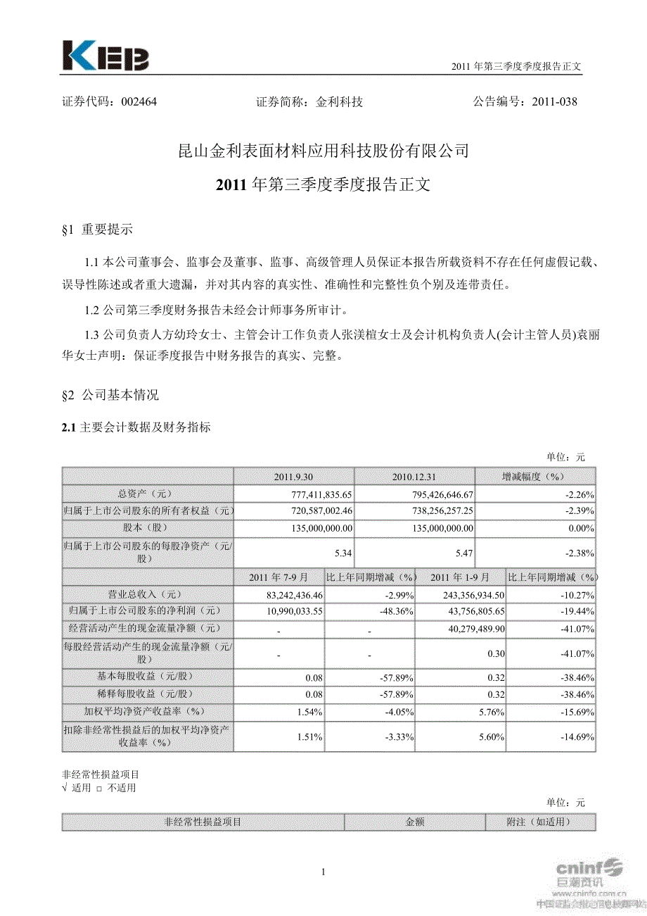 金利科技第三季度报告正文_第1页