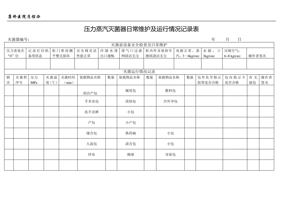 压力蒸汽灭菌器运行情况记录表_第1页