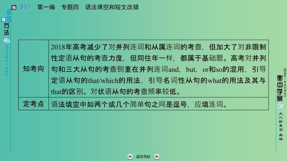 2019高考英语二轮复习 600分策略 专题4 语法填空和短文改错 第1讲 语法必备 重点4 经常考查的并列句和三大从句课件.ppt_第2页