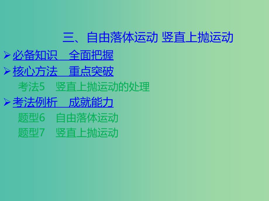 2019高考物理 核心方法重点突破——直线运动：三、自由落体运动 竖直上抛运动课件.ppt_第1页