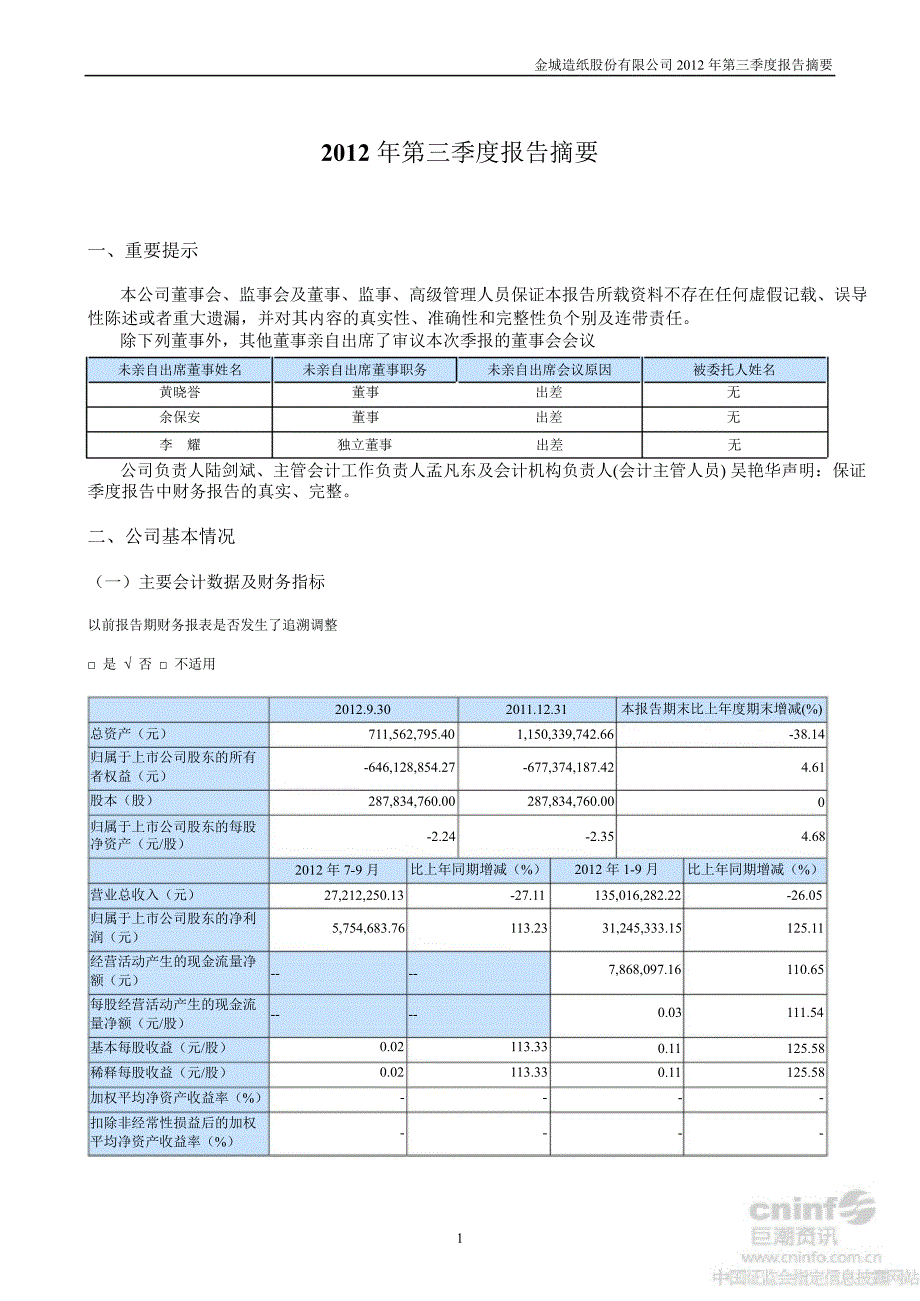 ST金城：第三季度报告正文_第1页