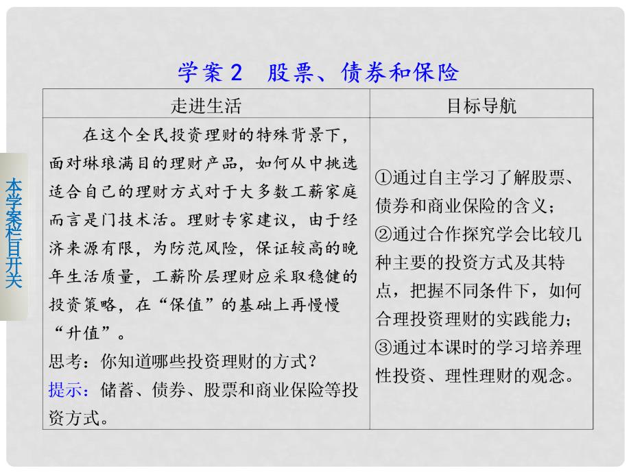 高中政治 第二单元 第六课 股票、债券和保险学案课件 新人教版必修1_第1页