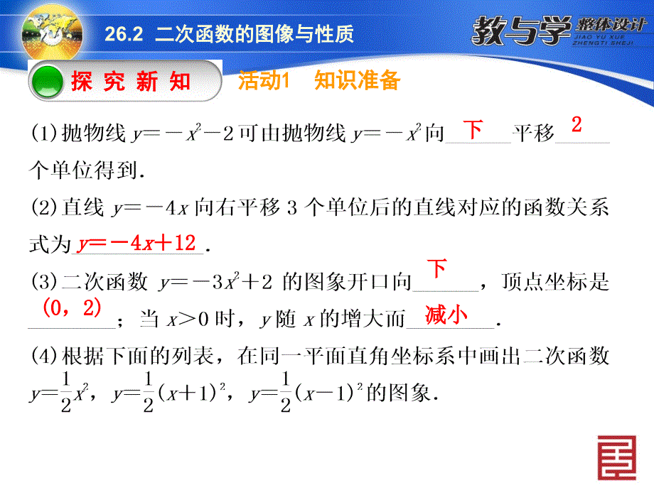 262　二次函数的图象与性质2二次函数y＝ax2＋bx＋c的图象与性质第2课时　二次函数y＝a(x－h)2的图象与性质_第3页