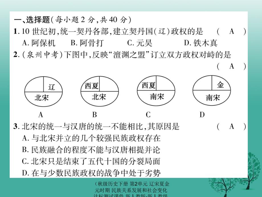 历史下册第2单元辽宋夏金元时期民族关系发展和社会变化达标测试课件_第2页