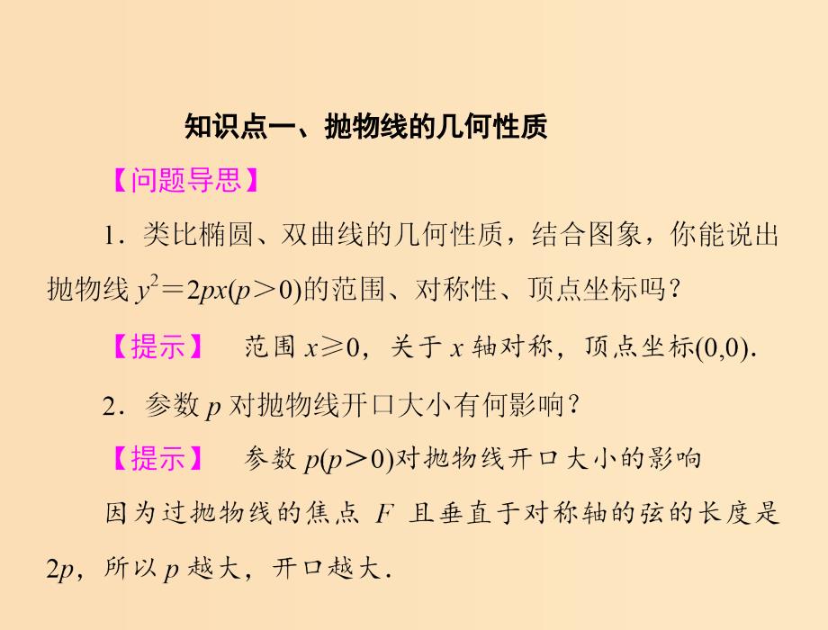 2018年高中数学 第二章 圆锥曲线与方程 2.4.2 抛物线的几何性质课件7 苏教版选修1 -1.ppt_第2页