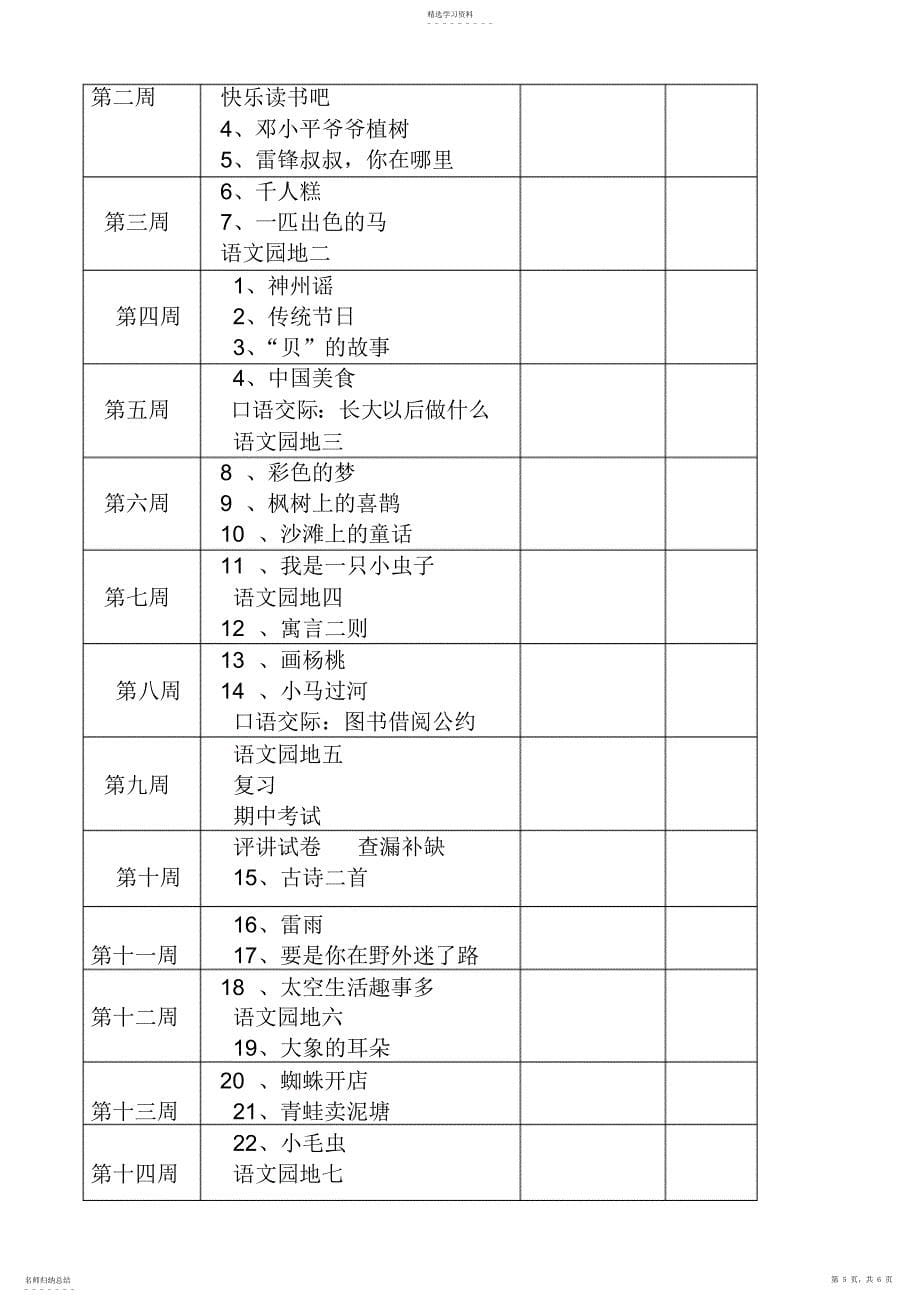 2022年部编版二年级下册语文教学计划及进度表_第5页