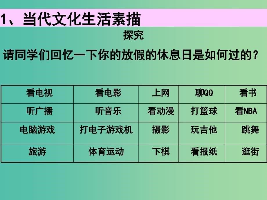 高中政治 第四单元 第八课 第一框 色彩斑斓的文化生活课件 新人教版必修3.ppt_第5页