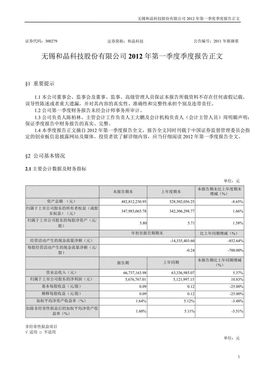 和晶科技：第一季度报告正文_第1页