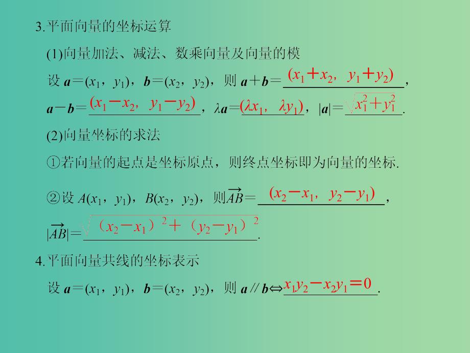 高考数学一轮复习 第五章 平面向量 第2讲 平面向量基本定理及坐标表示课件 理 新人教A版.ppt_第4页