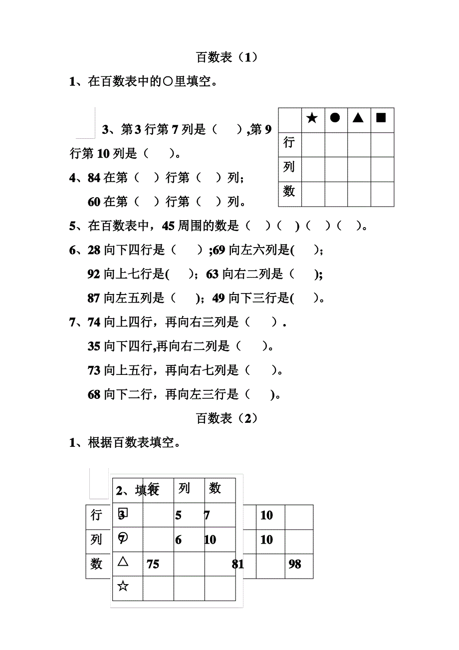 一年级数学百数表练习_第1页