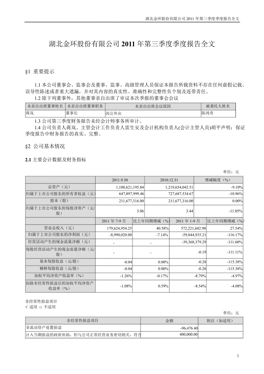 湖北金环：第三季度报告全文_第1页