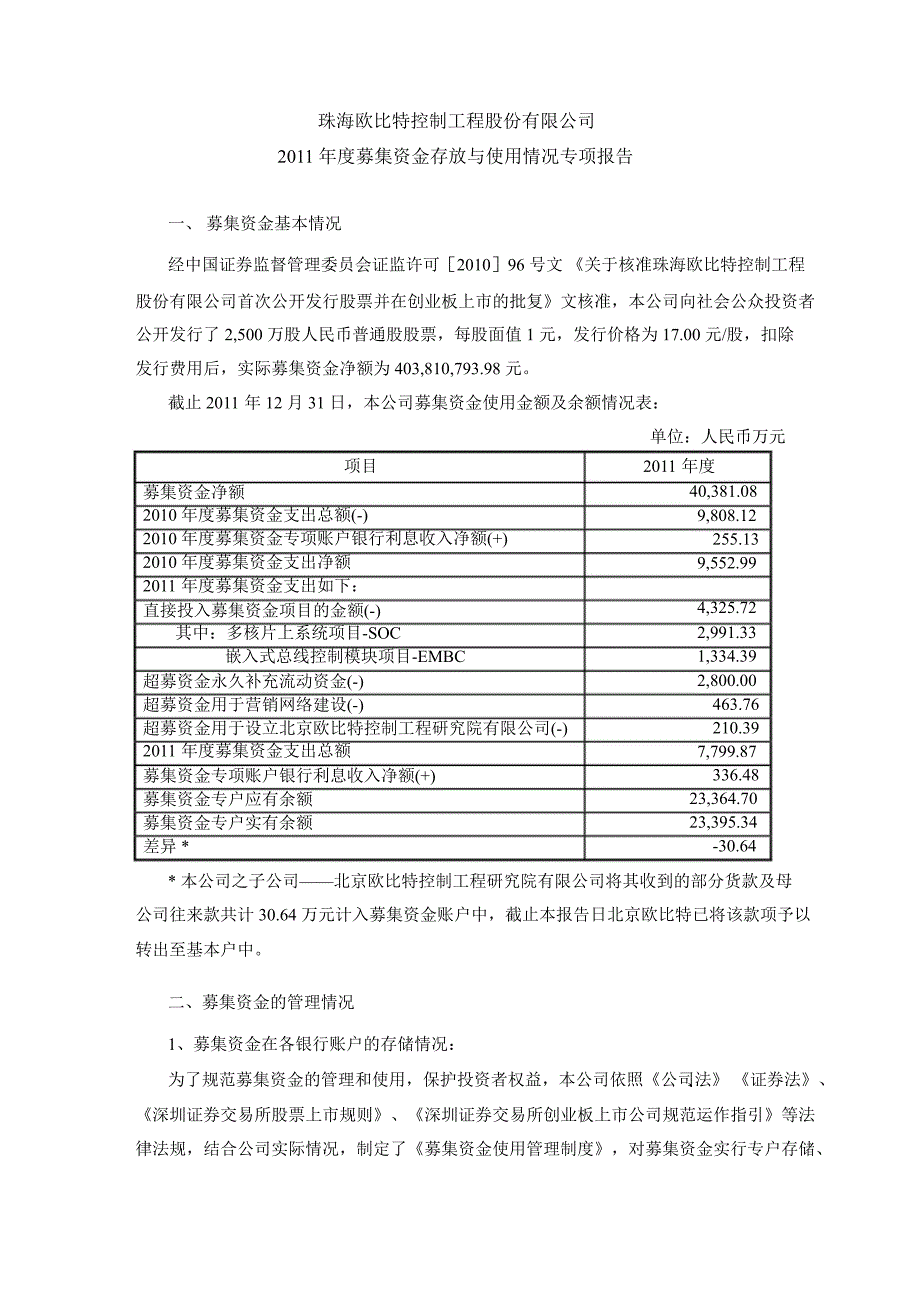 欧比特募集资金存放与使用情况专项报告_第1页