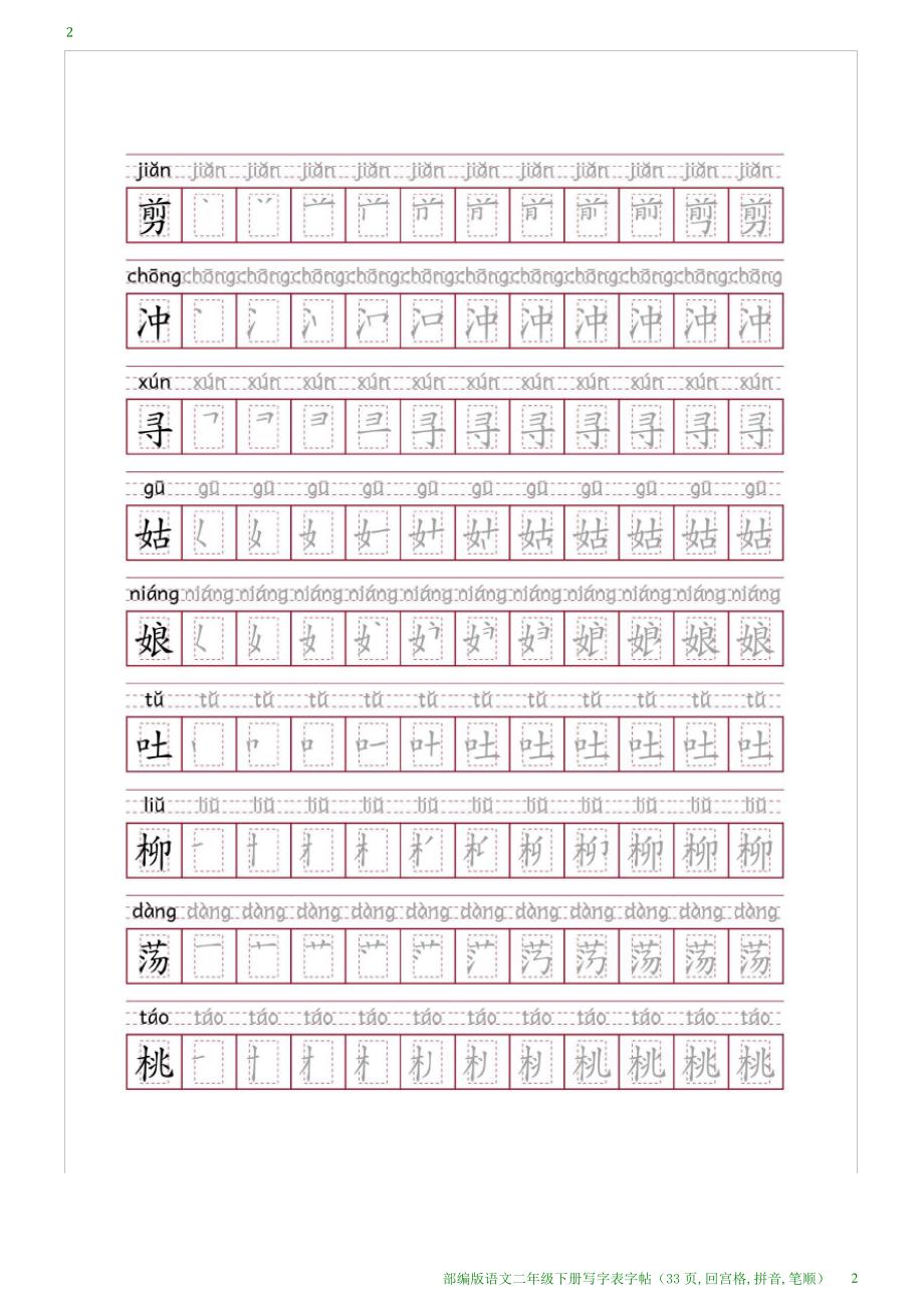 部编版语文二年级下册写字表字帖(33页,回宫格,拼音,笔顺)_第2页