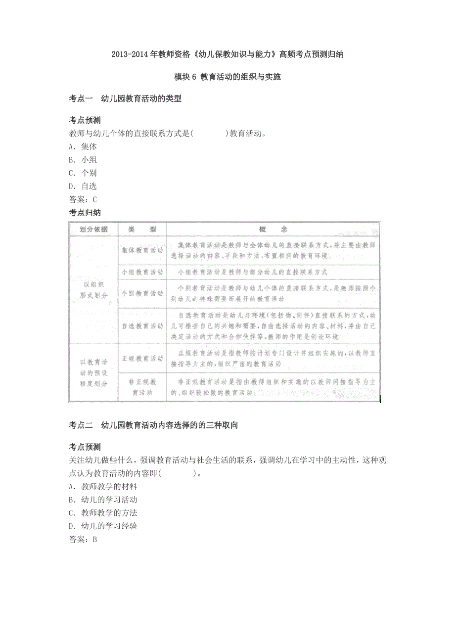 《幼儿保教知识与能力》高频考点预测归纳(六)教育活动的组织与实施_第1页