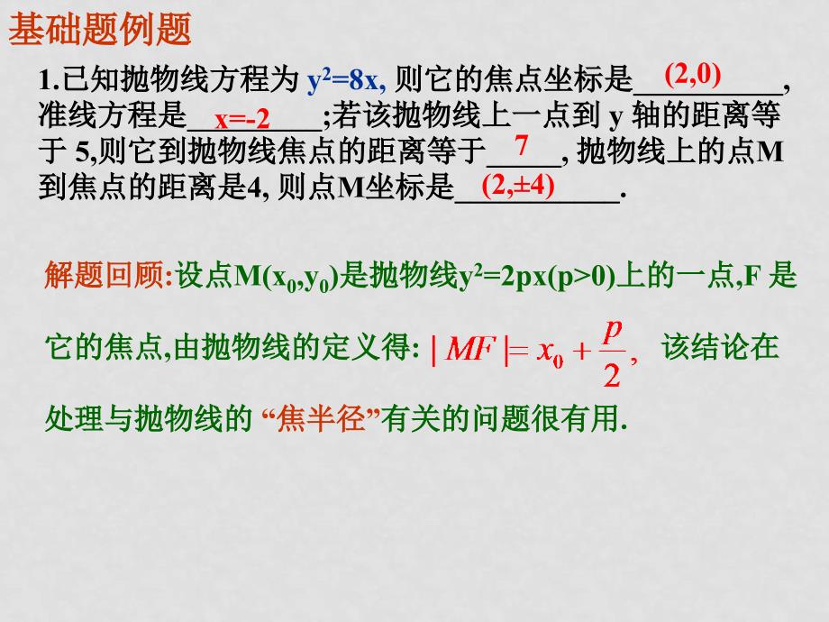 江苏省兴化市楚水实验学校0809高二数学期末总复习课件《圆锥曲线》第3课时抛物线人教版选修二_第3页