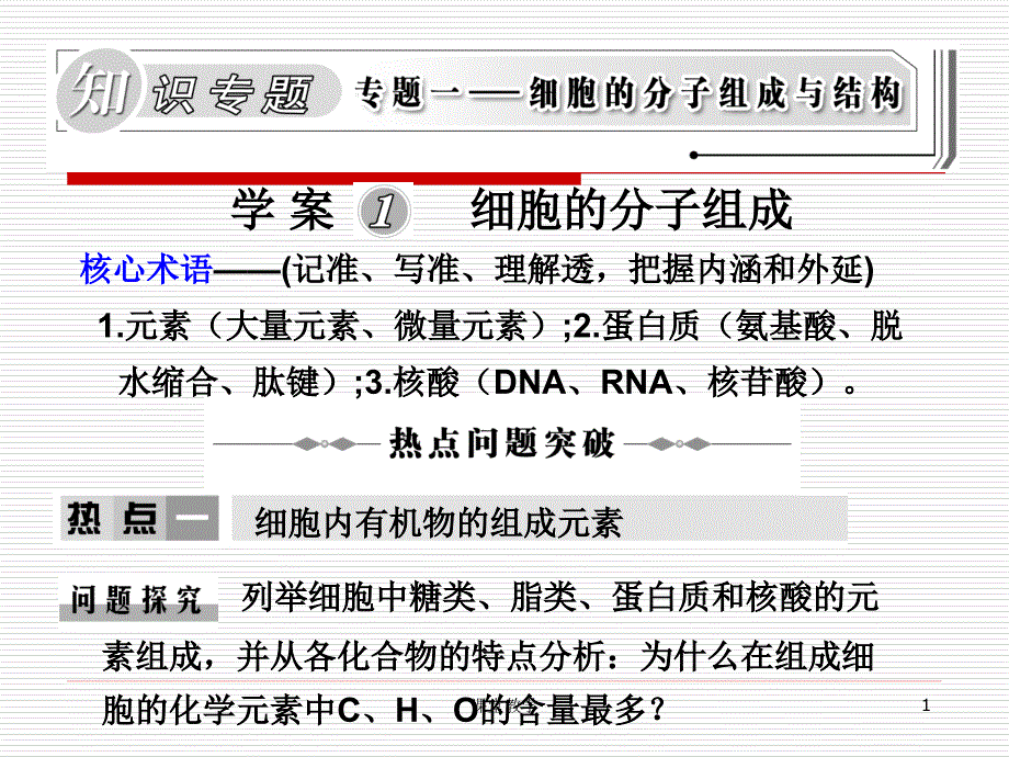 新课标高三生物二轮复习专题课件学案1细胞的分子组成课时讲课_第1页