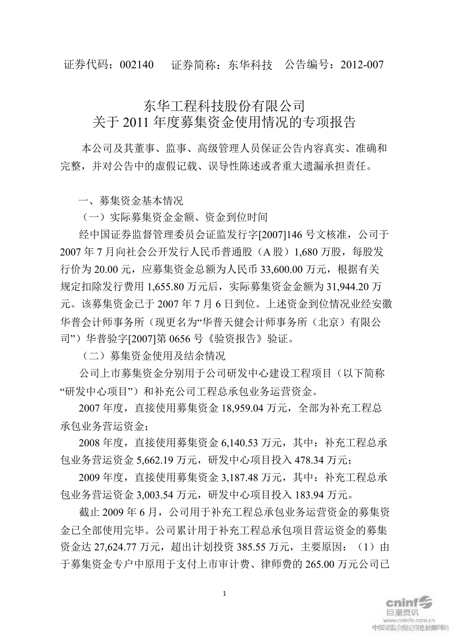 东华科技：关于募集资金使用情况的专项报告_第1页