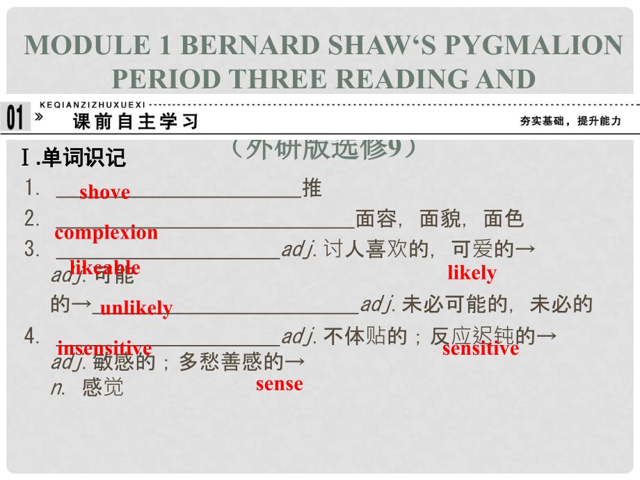 高中英语 Module 1 Bernard Shaw‘s Pygmalion Period Three Reading and Vocabulary &amp; Cultural Corner课件 外研版选修9_第1页