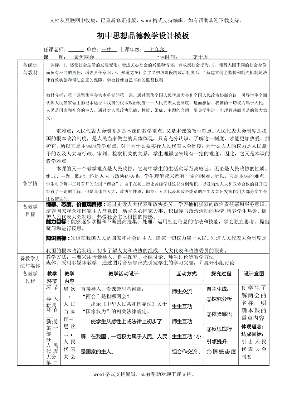 初中思想品德教学设计模板_第1页