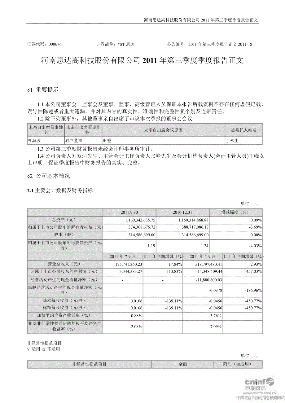 ST思达：第三季度报告正文_第1页