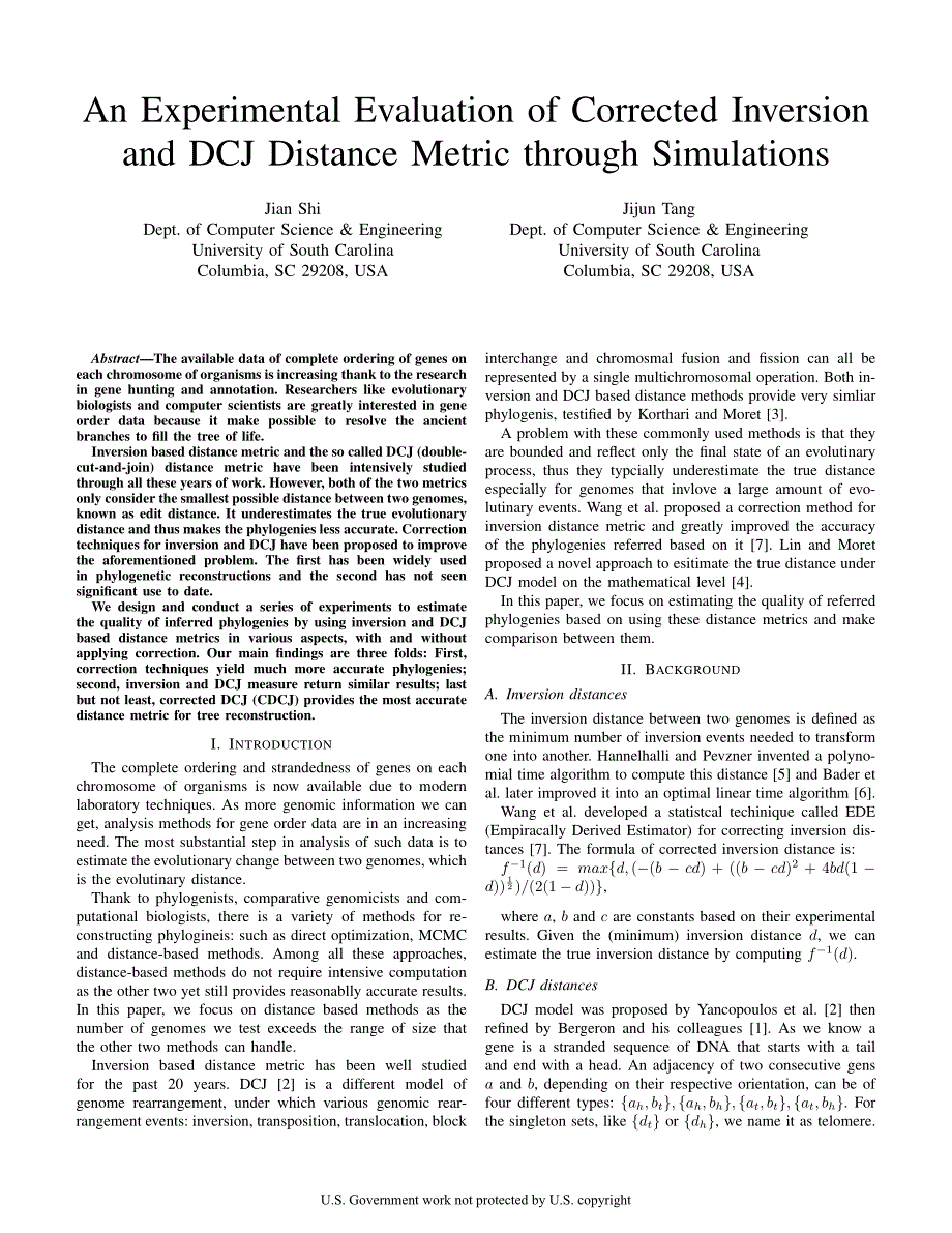 外文翻译--An Experimental Evaluation of Corrected Inversion and DCJ Distance Metric through Simulations_第1页