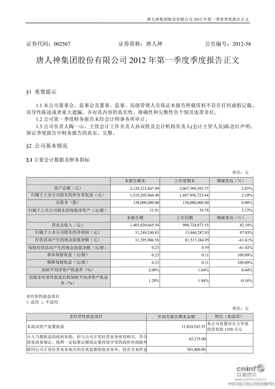 唐人神：第一季度报告正文_第1页