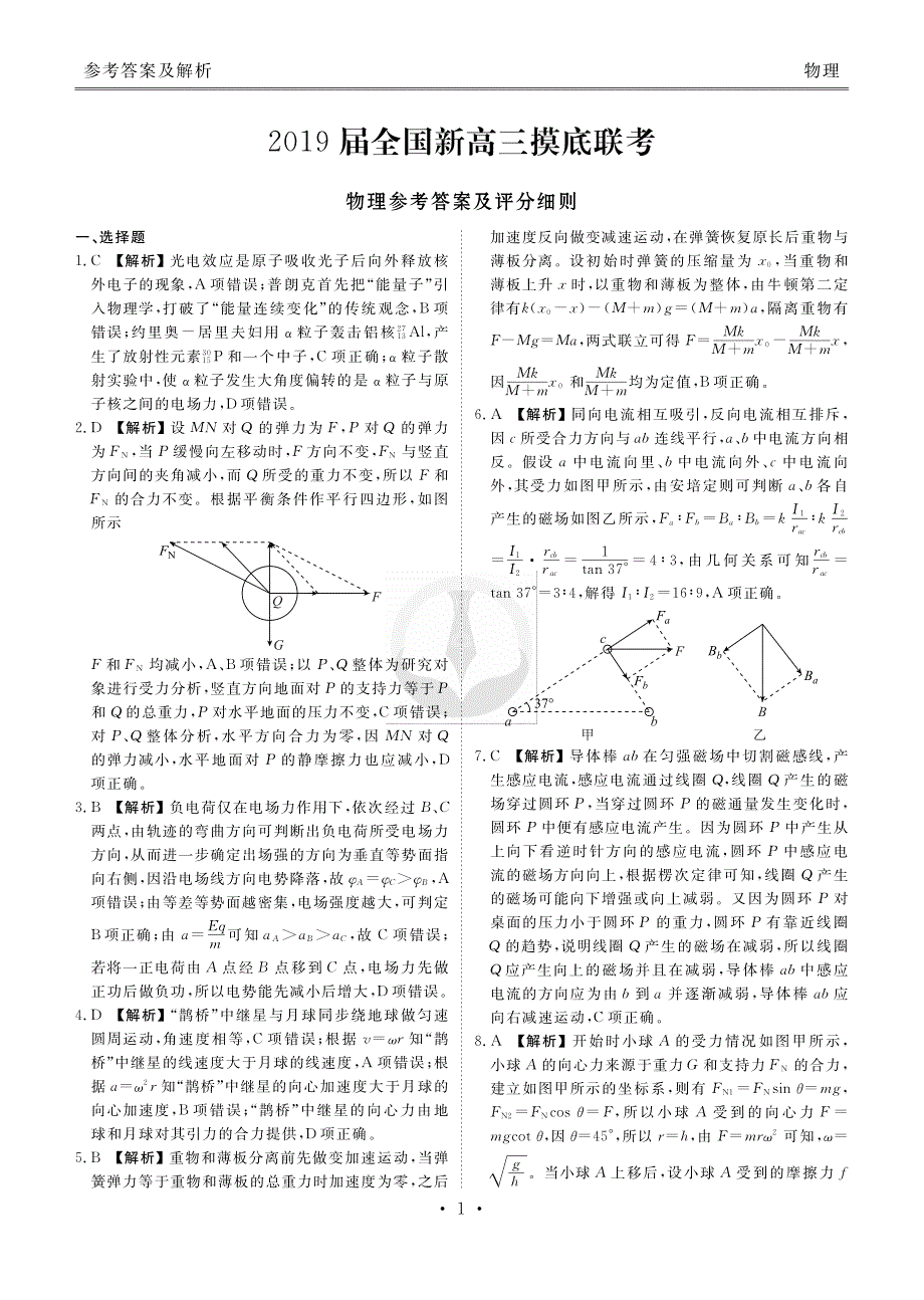 2019届全国新高三摸底联考物理答案_第1页