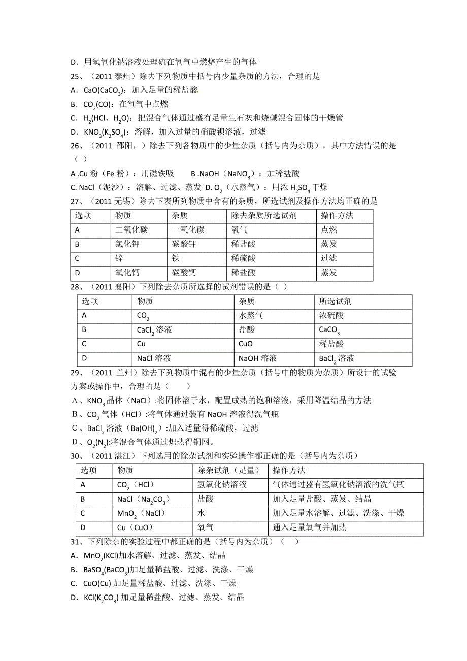 最新中考初中化学、中考除杂专题练习(含答案)_第5页