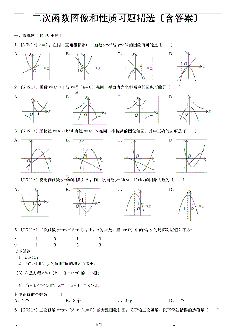 二次函数图像和性质习题精选含答案_第1页