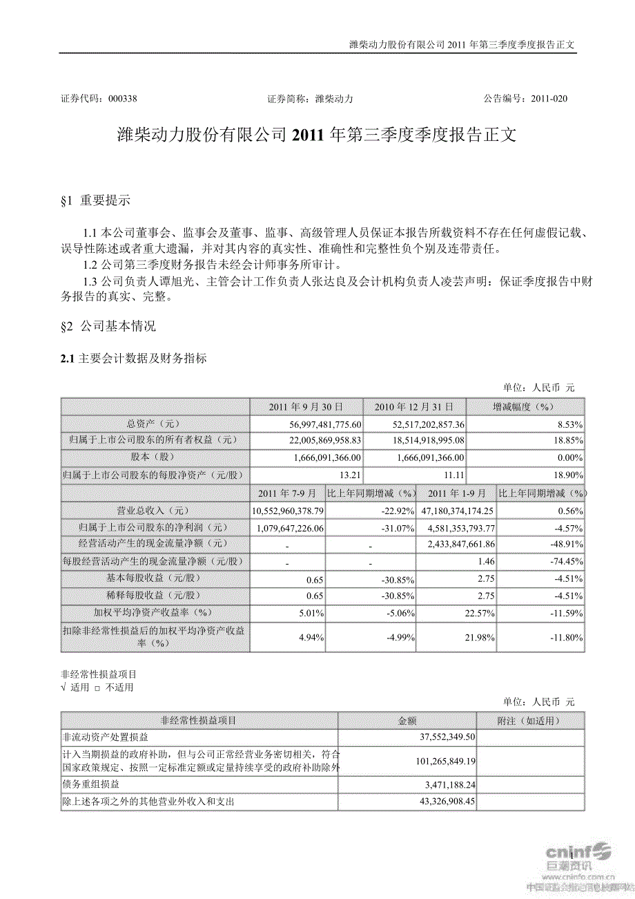 潍柴动力：第三季度报告正文_第1页