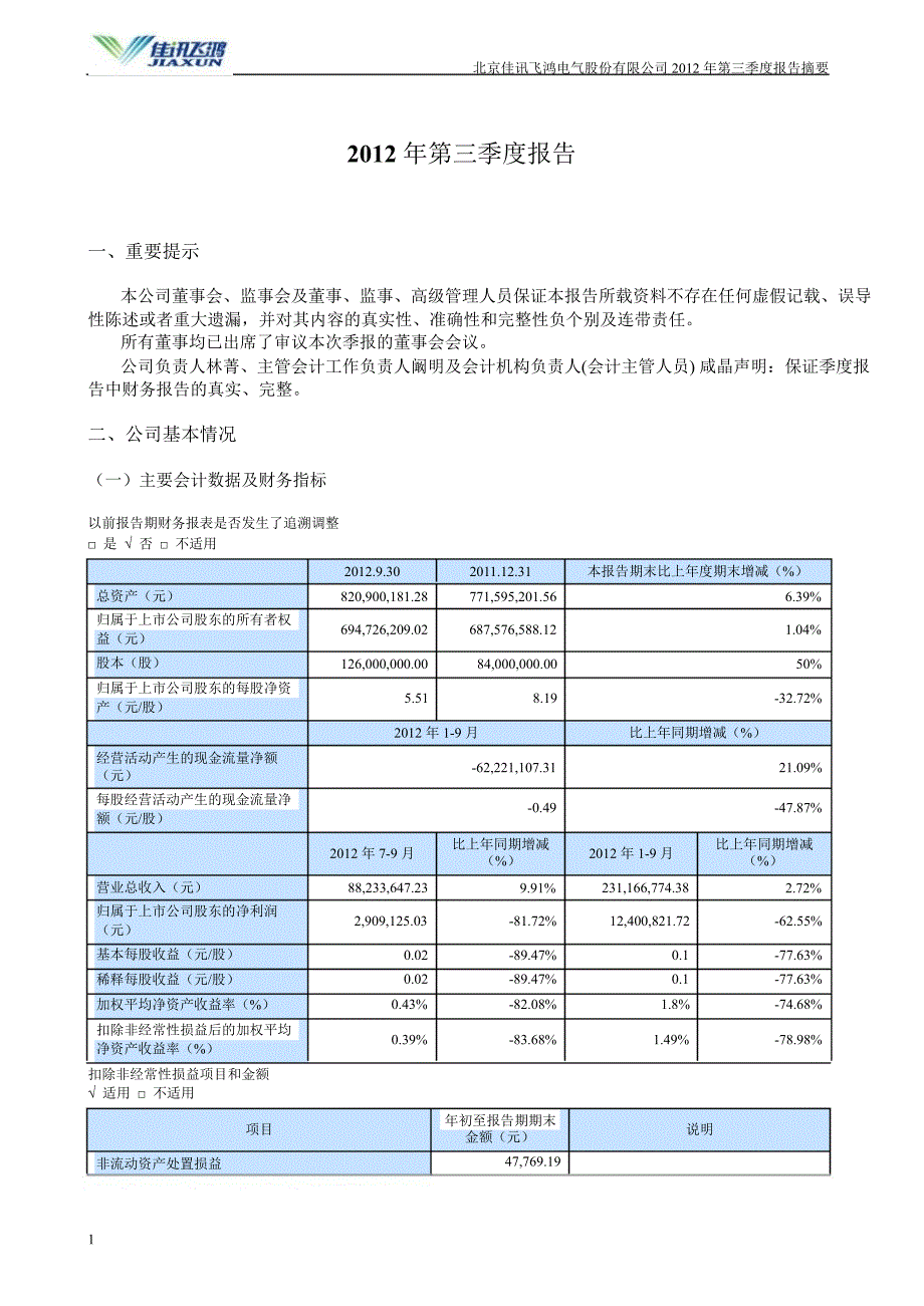 佳讯飞鸿：第三季度报告正文_第1页