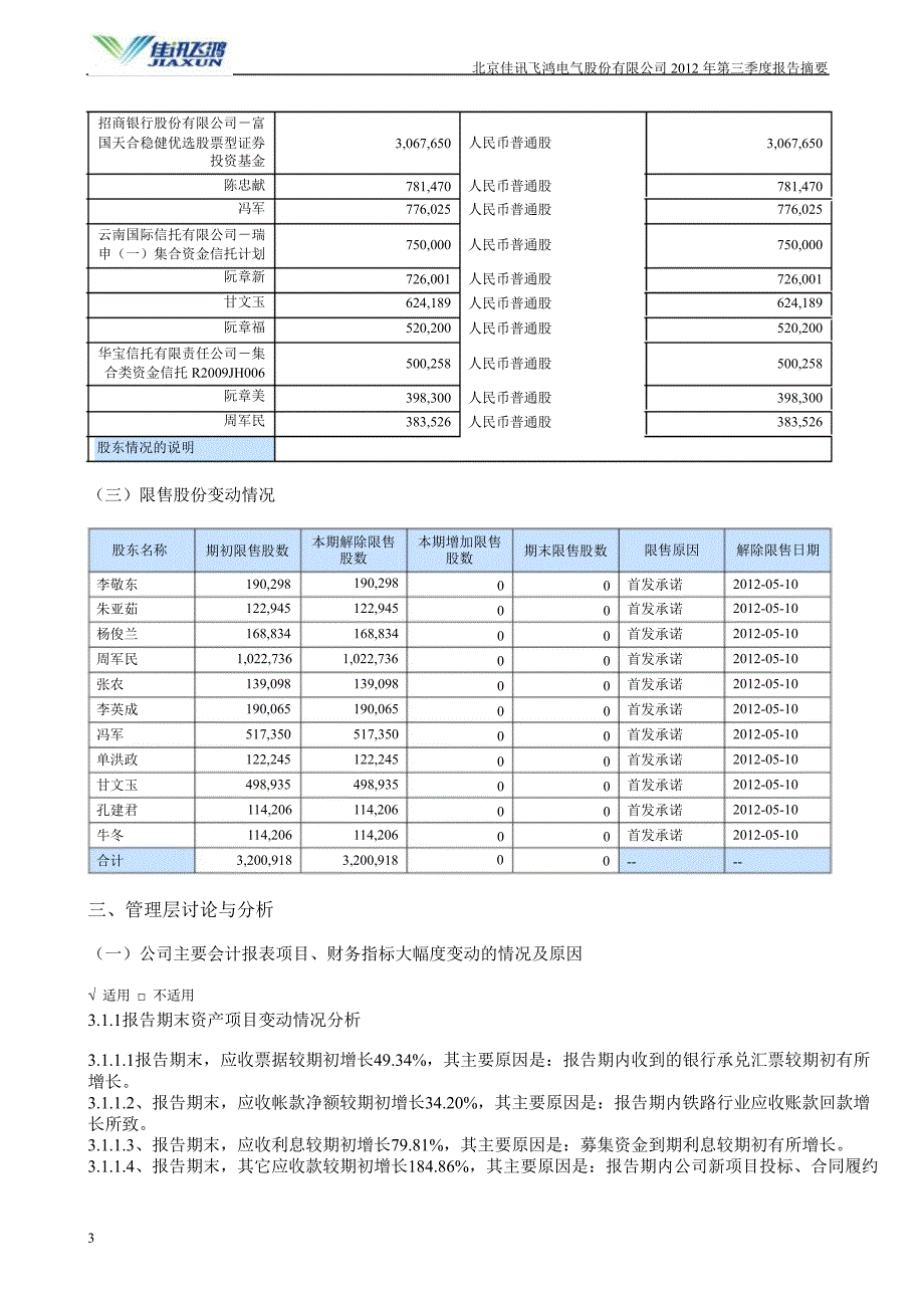 佳讯飞鸿：第三季度报告正文_第3页