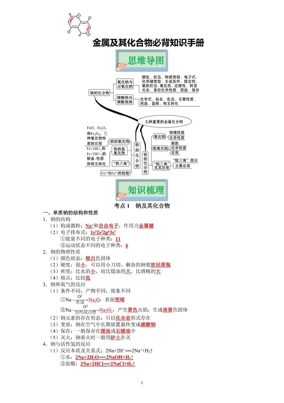金属及其化合物【核心要点梳理+知识架构建模】 高考化学高分突破冲刺必背_第1页