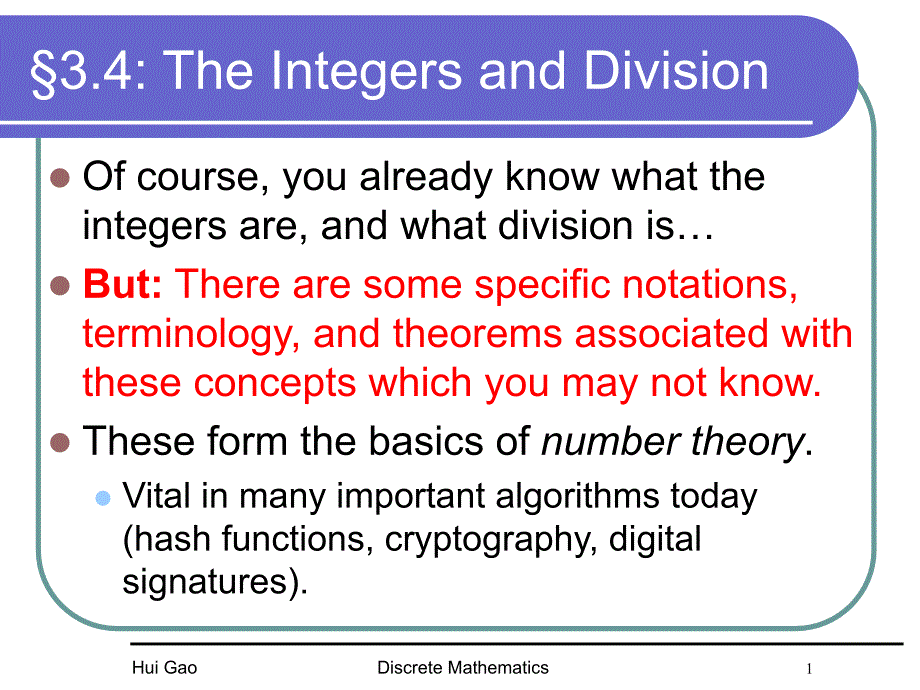 离散数学英文课件：DM_lecture3_4_5 The Integers and Division_第1页