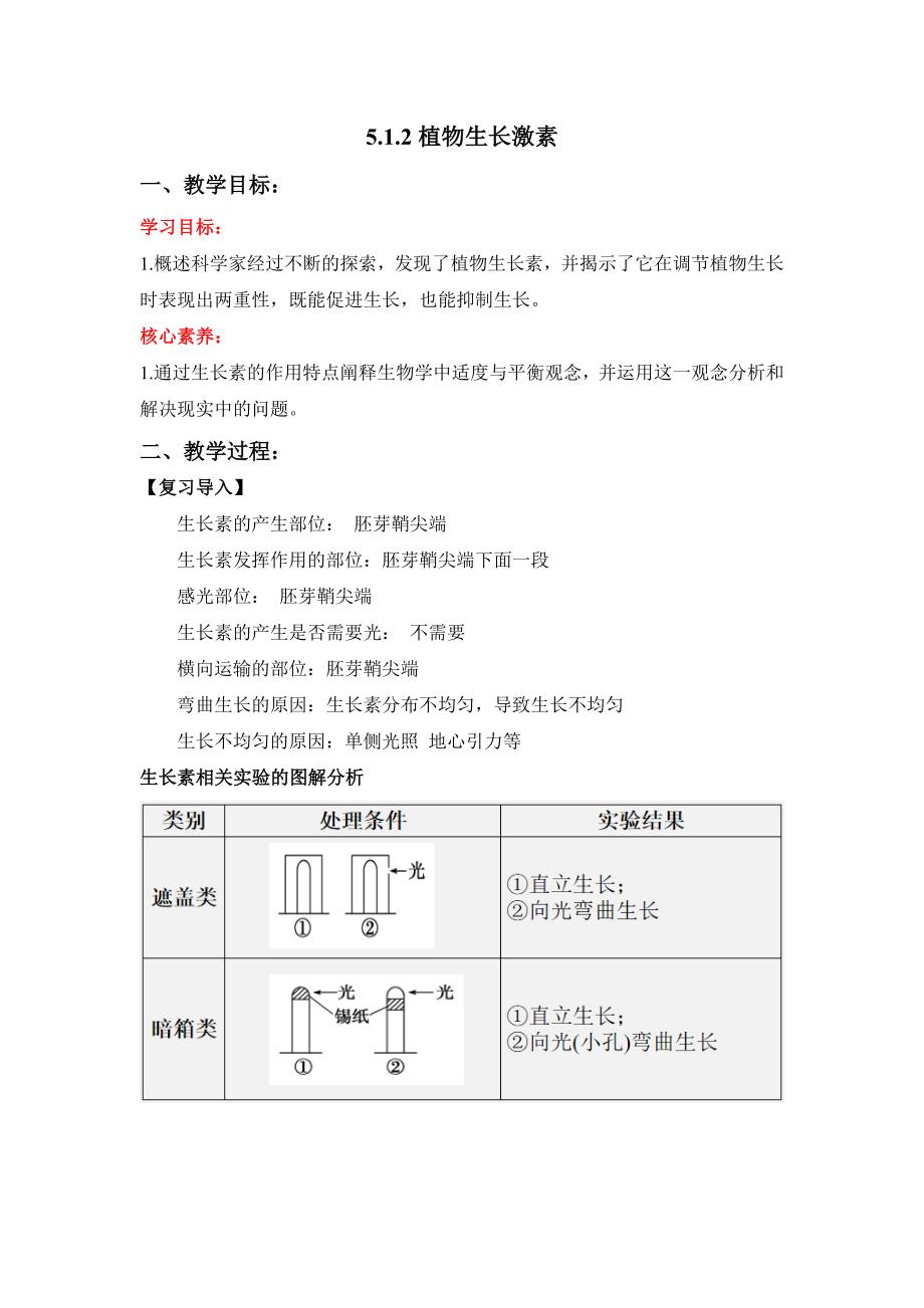 5.1.2 植物生长激素（教学设计）上学期高二生物学同步优质课堂（新教材人教版选择性必修1）-教案课件-高中生物选择性必修一_第1页