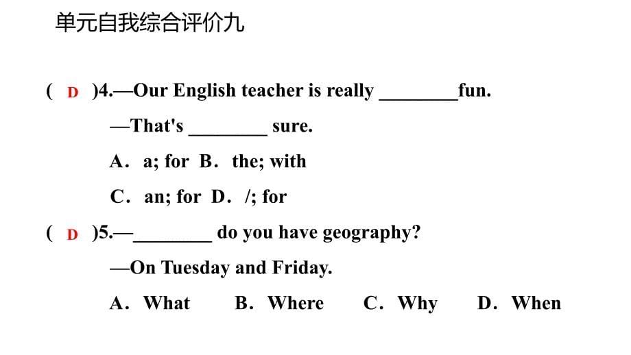 七年级英语上册Unit9Myfavoritesubjectisscience自我综合评价九导学课件新版人教新目标版_第5页