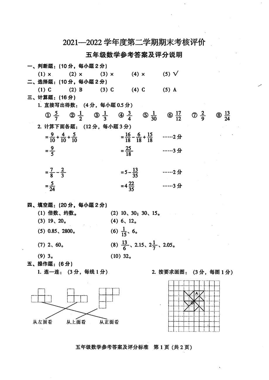 广东江门新会市2021-2022学年第二学期期末考核评价五年级数学（含答案）_第5页