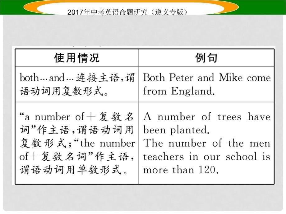 中考英语命题研究 第2部分 语法专题突破 专题十三 主谓一致和There be结构（精讲）课件_第5页