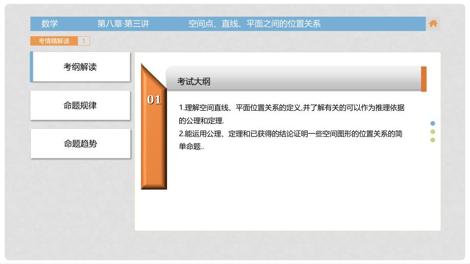 高三数学一轮复习（3年真题分类+考情精解读+知识全通关+题型全突破+能力大提升）第八章 立体几何 第三讲 空间点、直线、平面之间的位置关系课件 理_第3页