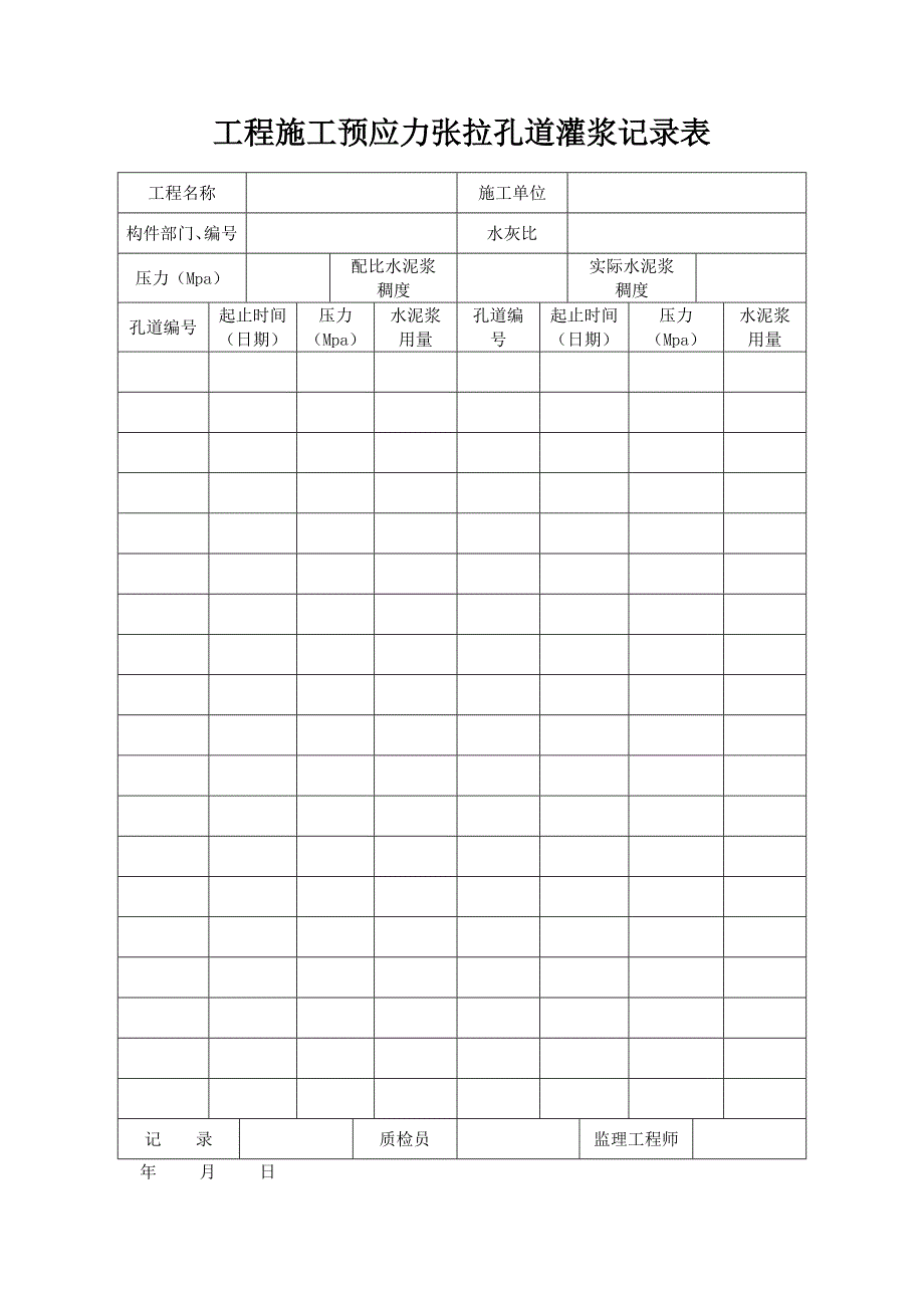 工程施工预应力张拉孔道灌浆记录表_第1页