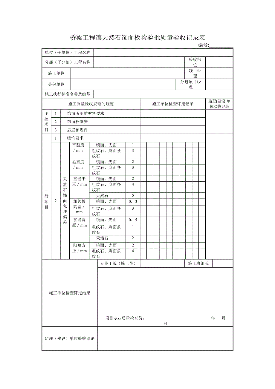 桥梁工程镶天然石饰面板检验批质量验收记录表_第1页