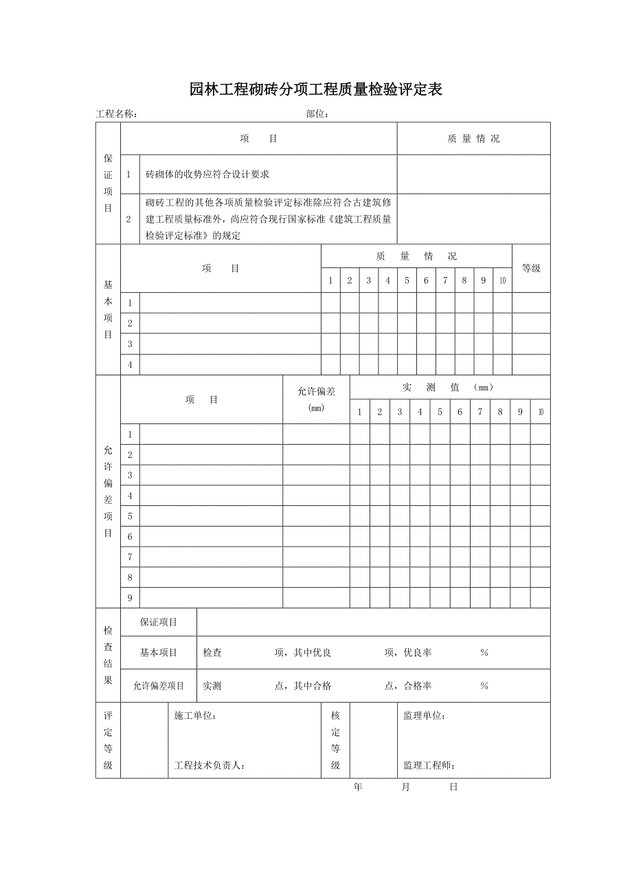 园林工程砌砖分项工程质量检验评定表_第1页