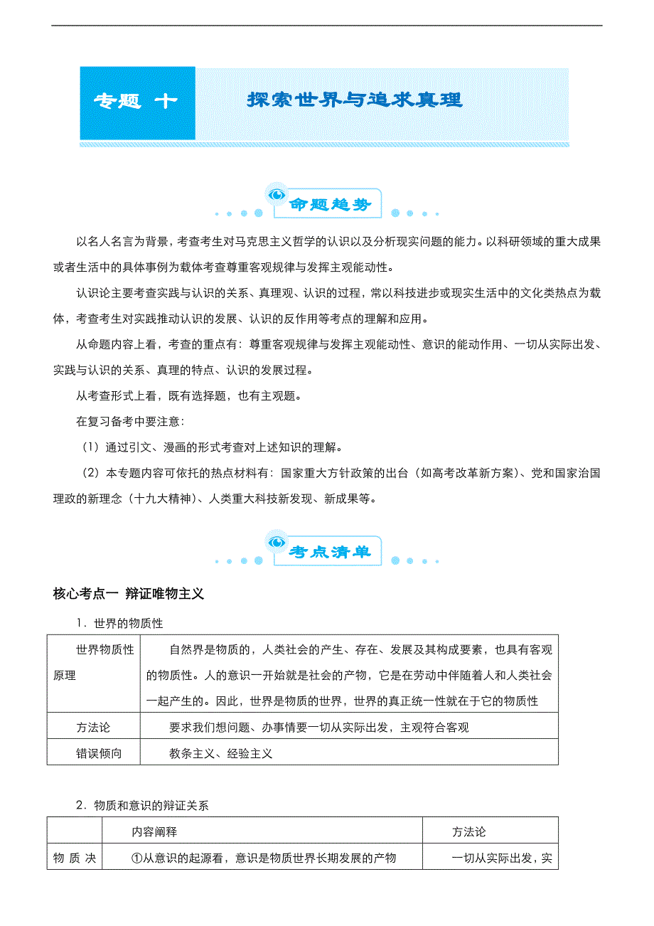 （新高考）高考政治二轮精品专题十 探索世界与追求真理(考点清单)_第1页