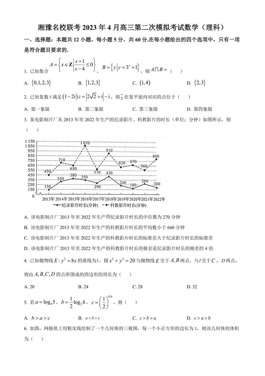 精品解析：湘豫名校联考2023届高三4月二模理科数学试题（原卷版）_第1页